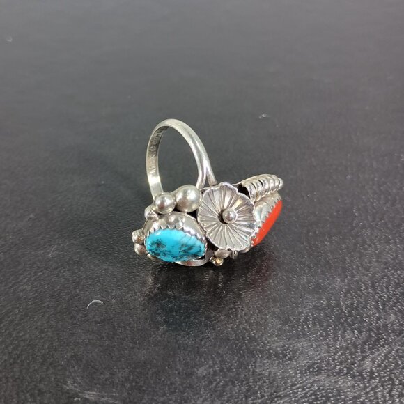 Native America Navajo Sterling Silver Coral & Turquoise Ring Max Calladitto 8.50 - Picture 5 of 8